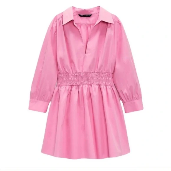 Zara collard v neck pink mini dress — smocked waist long sleeves skater dress - Picture 11 of 15